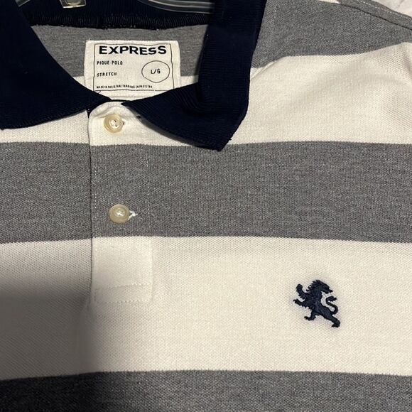 Express Mens Short Sleeve Polo Size Large Grey And White Striped - Picture 2 of 7